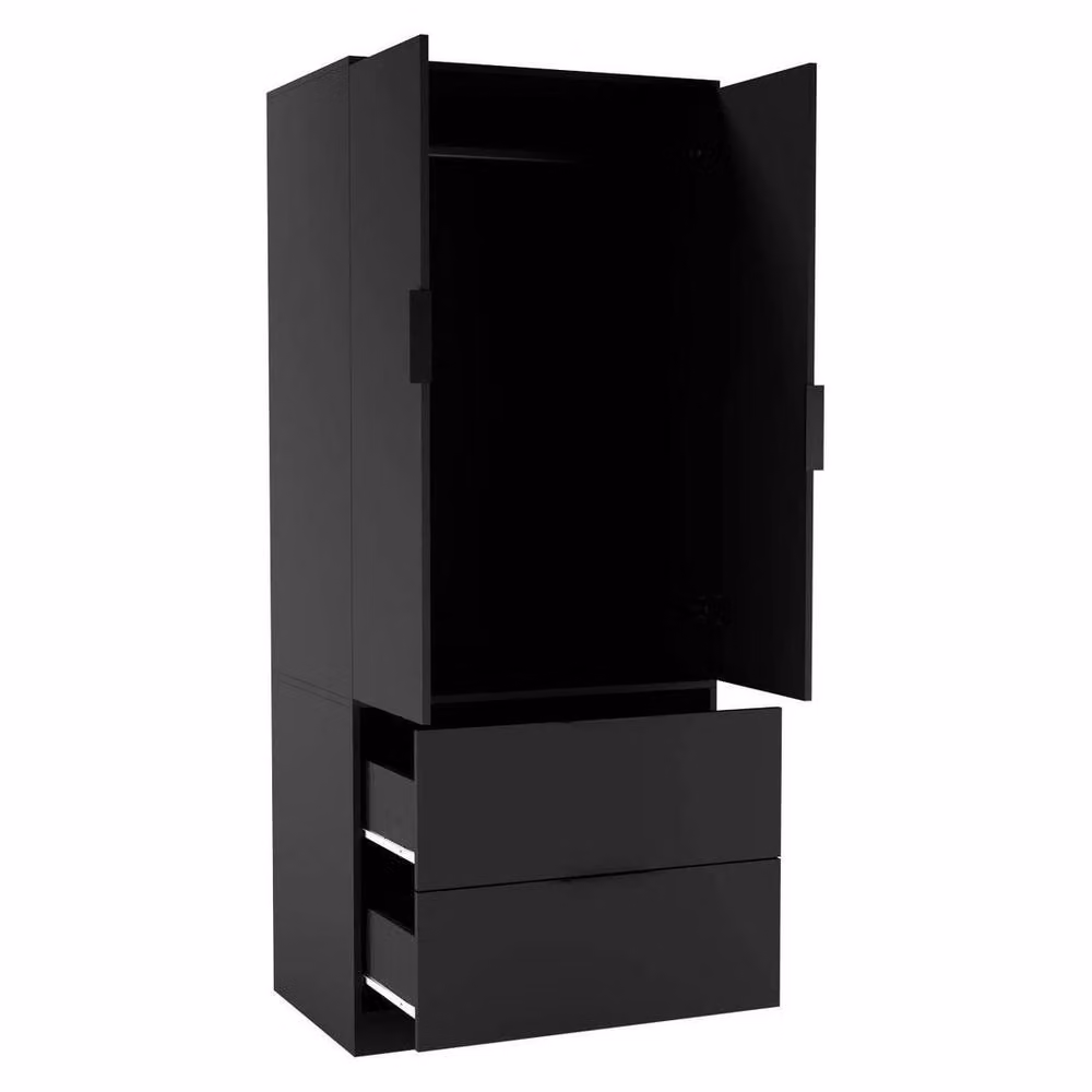 KORVIXA Black Minimalist Bedroom Wardrobe with 2 Doors and 2 Drawers, H 180 cm x W 100 cm x D 60 cm – 4