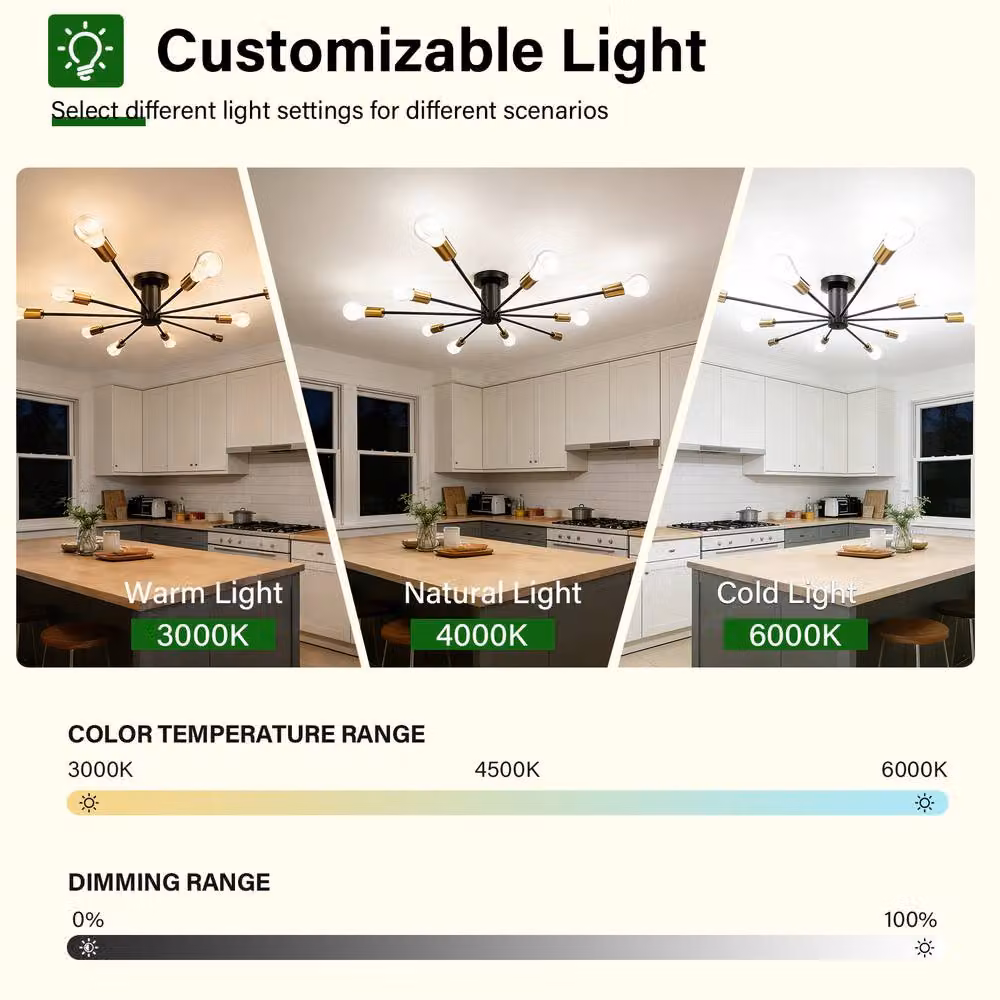 INMTFEI Black and Gold 10-Light Modern Sputnik Flush Mount Ceiling Chandelier – 2