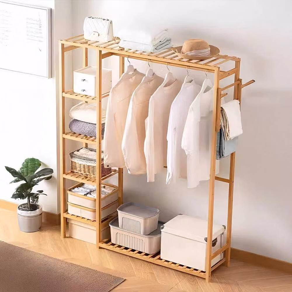 EONLION Natural Wooden Clothes Rail Rack and Wardrobe in Natural, W/D/H: 121 x 30 x 146.5 cm – 2