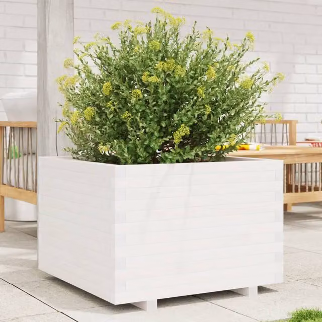 Berkfield Home White Solid Wood Pine Garden Planter Tub W: 70 cm, D: 70 cm, H: 49.5 cm
