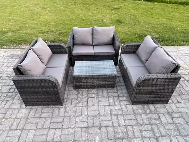 Fimous 6 Seater Rattan Garden Furniture Set with Upholstered Sofa and Rectangular Coffee Table in Dark Grey
