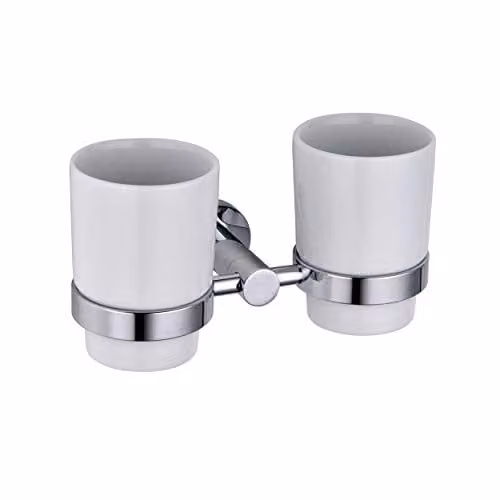 Nes Home Wall Mounted Double Glass Tumbler and Toothbrush Holder in White and Transparent