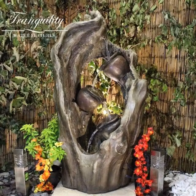 Tranquility Woodland Trio Wood Effect Solar Cascade Water Feature in Grey