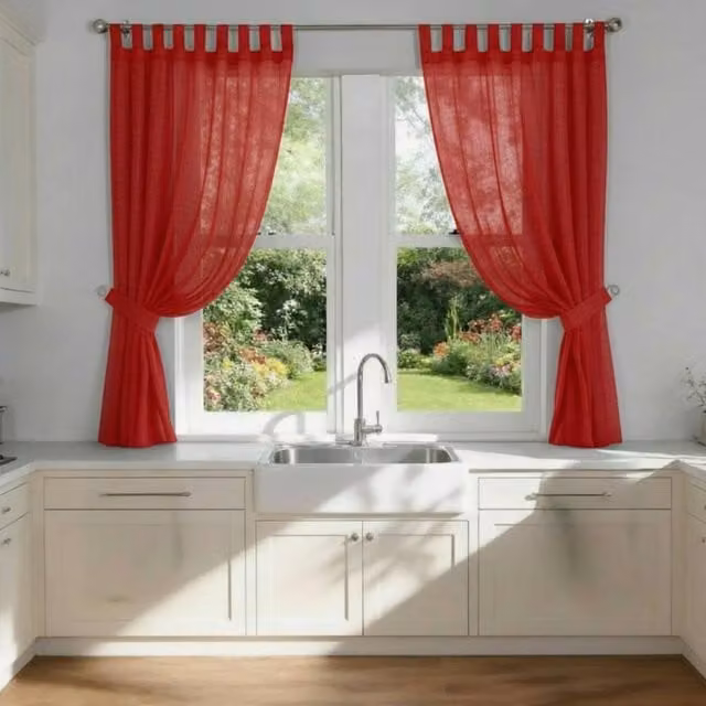 Luxury Living Red Voile Tab Top Sheer Curtain Pair with Crystal Tie Backs, Width: 145 cm, Drop: 122 cm