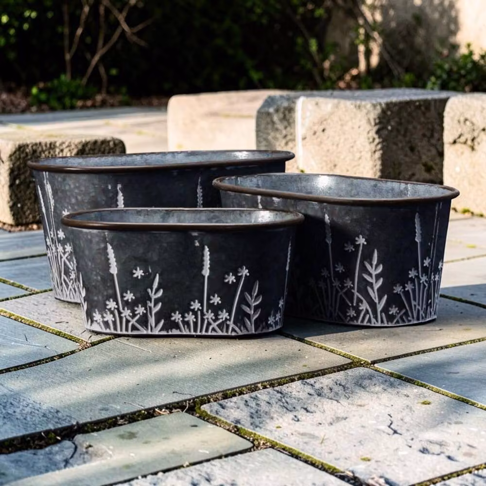 Four Candle Set of 3 Oval Meadow Grey Galvanised Steel Planters – 2