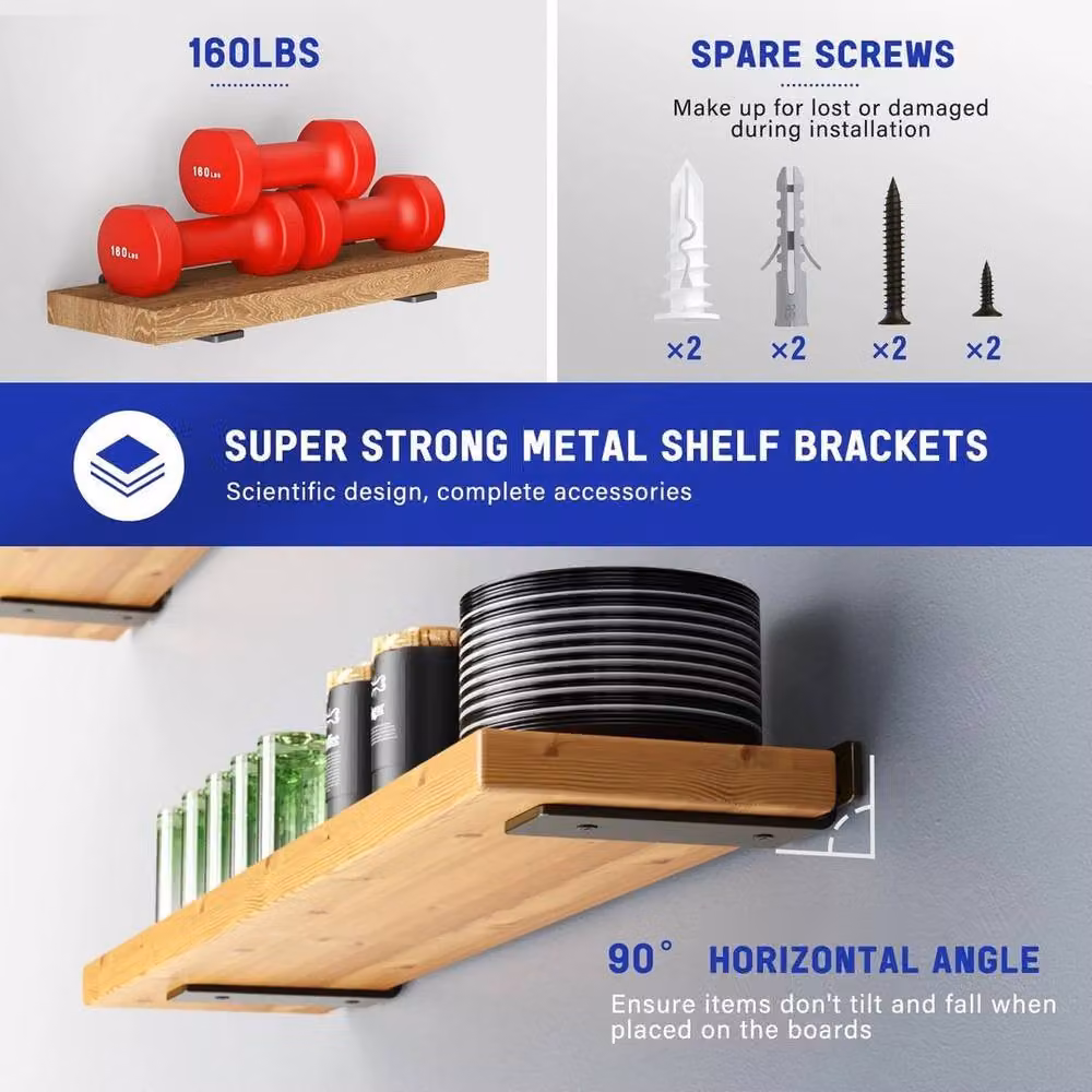 EONLION 4-Pack Heavy Duty Floating Shelf Brackets in Matt Black, 20cm – 2