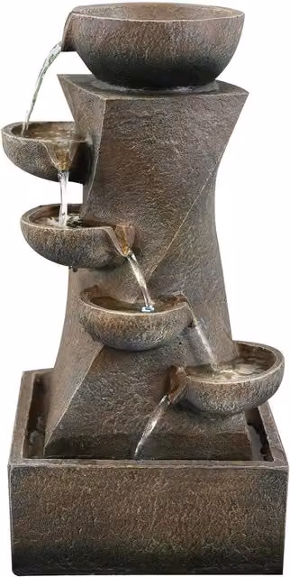 GEEZY Modern Cascading Tabletop Water Feature with LED Lights in Brown and Grey