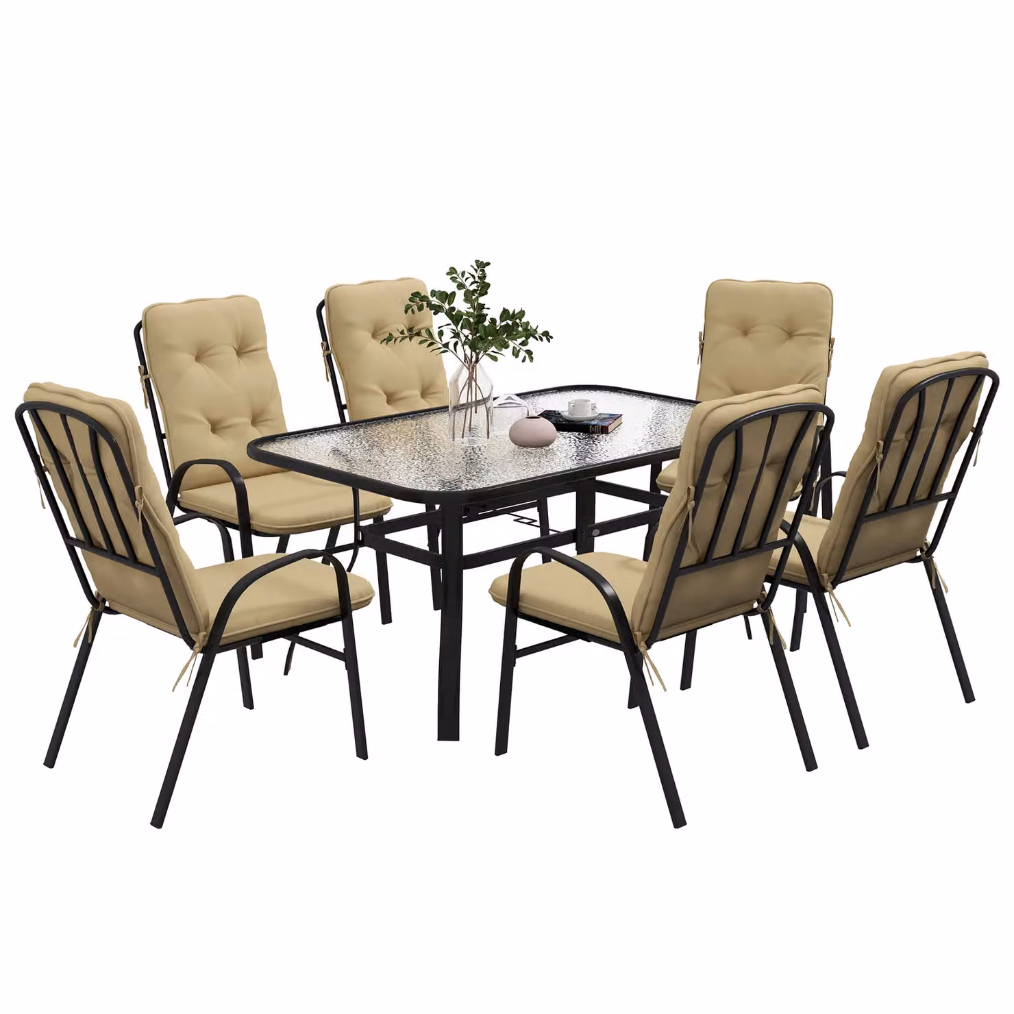OUTSUNNY 7 Piece Garden Dining Set with Beige Cushions and Glass Top Table – 2