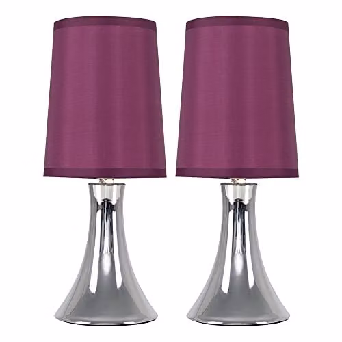 ValueLights Set of 2 Modern Chrome Touch Table Lamps with Purple Fabric Shades – 1