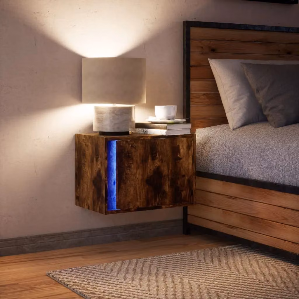 Berkfield Home Wall-mounted Bedside Cabinet with Integrated LED Lights in Smoked Oak Brown – 5