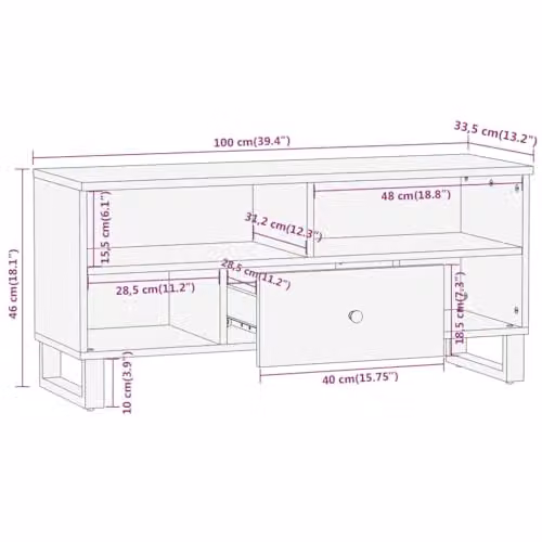 vidaXL Modern Mango Wood and Metal TV Cabinet in Brown and Black, W: 100 cm, D: 33.5 cm, H: 46 cm – 3
