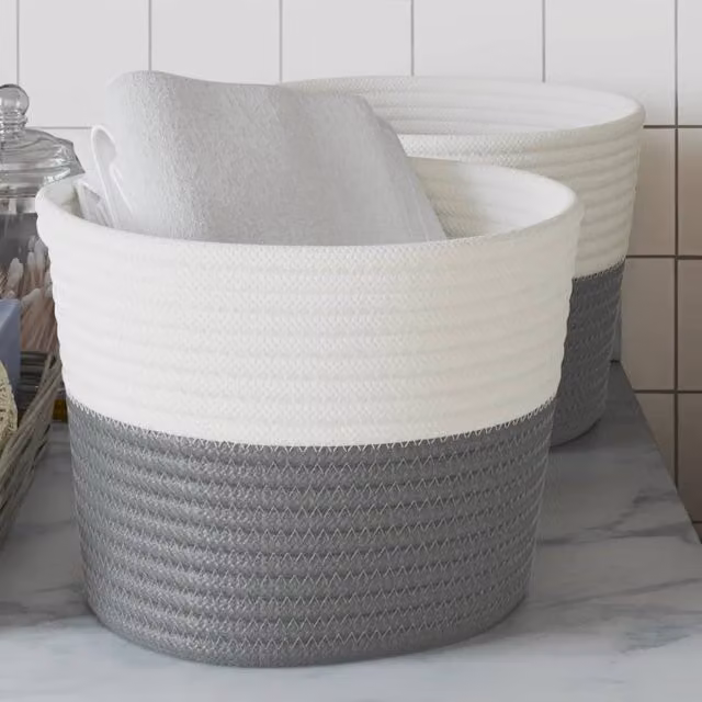 Berkfield Home Storage Baskets, 2 Pack, Grey and White Cotton Fabric, W: 24 cm, H: 18 cm