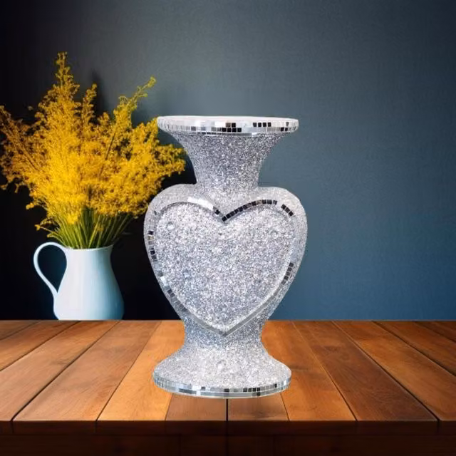 Ziddan Bargain Heart Shape Crushed Diamond Silver Glitter Flower Vase, Height: 40 cm
