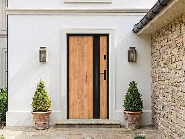 Vente-unique Modern Steel and Stainless Steel Front Door with Smoked Glass Insert in Light Oak, H: 207 cm, W: 100 cm