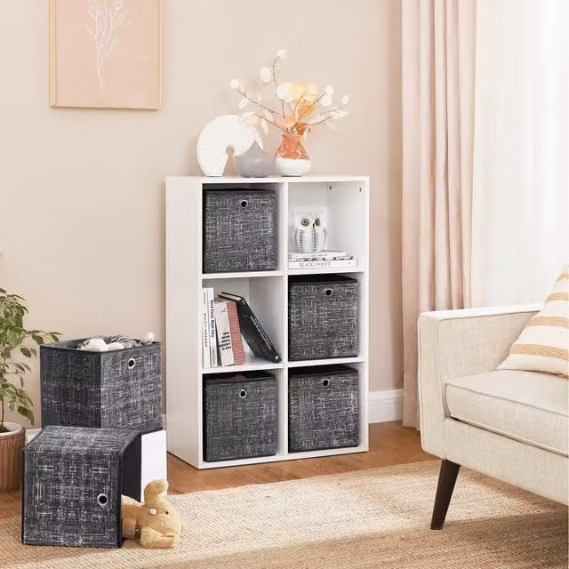 SONGMICS Set of 6 Foldable Non-Woven Fabric Storage Boxes with Handles, Black, W: 30.0 cm, D: 30.0 cm, H: 30.0 cm