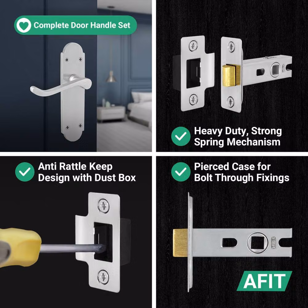 AFIT Satin Chrome Door Handles with Latch, 6 Pairs of Silver Backplate Handles – 3