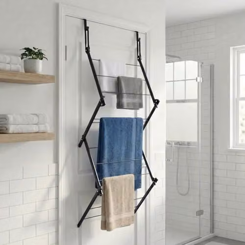 OHS Black Metal Over The Door Hanging Clothes Airer, Foldable Space-Saving Drying Rack with Hooks – 1