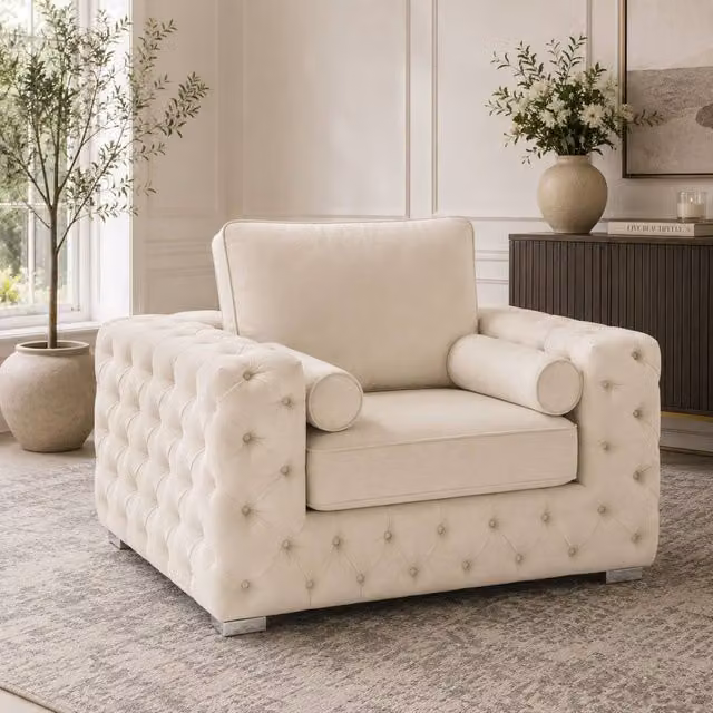Stratus Interiors Ashley Chesterfield Plush Velvet Armchair in Beige