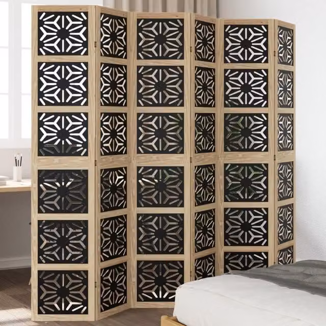 Berkfield Home 6-Panel Geometric Room Divider in Brown and Black Solid Paulownia Wood
