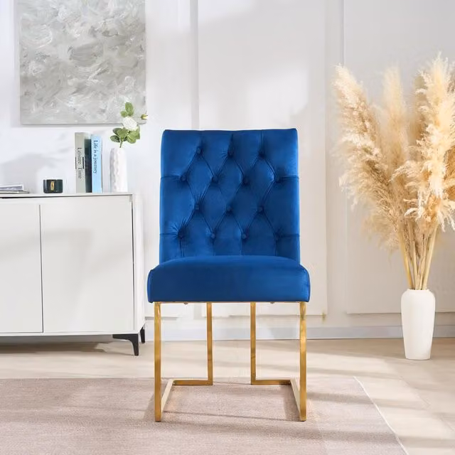 Life Interiors Siena Luxury Tufted Velvet Dining Chairs with Gold Metal Legs - Blue