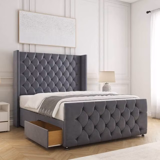 BSSPOKE Florida King Size Velvet Divan Bed with 2 Drawers and Mattress in Grey
