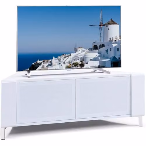 MDA Designs CORVUS Gloss White Contemporary Corner-Friendly TV Cabinet with BeamThru Glass Doors, W/D/H: 120 x 45 x 48 cm