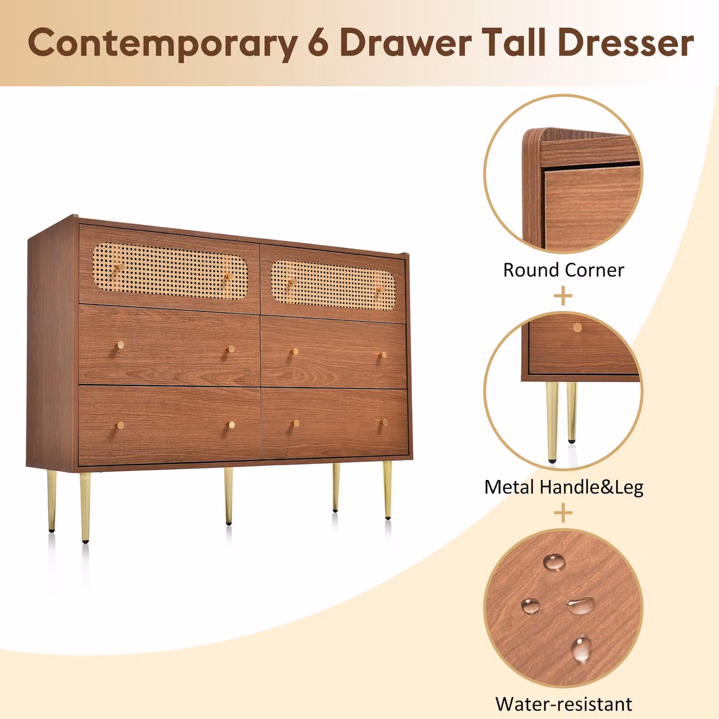 Aosom UK Vintage Rattan Sideboard Cabinet with 6 Drawers, Walnut and Gold, W/D/H: 120 x 40 x 90 cm – 4