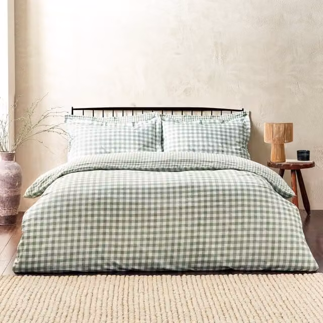 Yard Barton Green Gingham Check Reversible Cotton Duvet Cover and Pillowcase Set