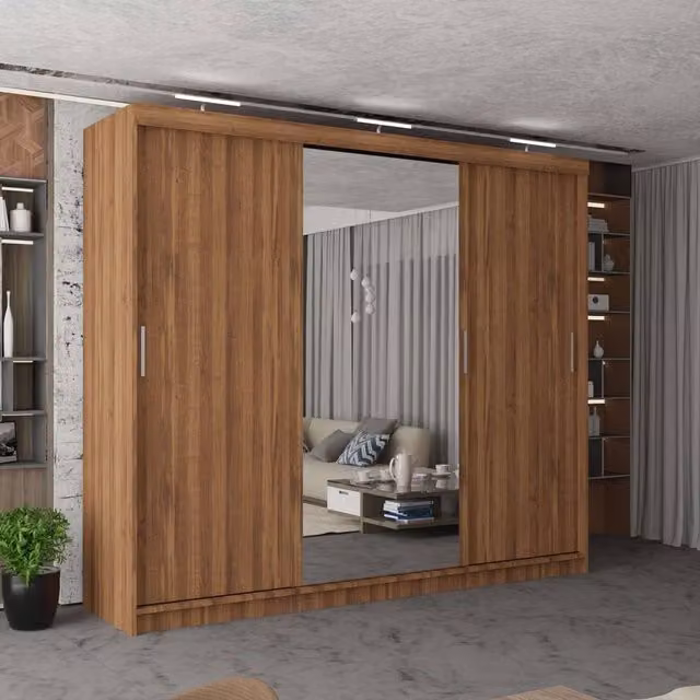 MN Furniture Modern 3 Door Sliding Wardrobe with LED Lighting, Mirror and Internal Drawers, Width: 250 cm