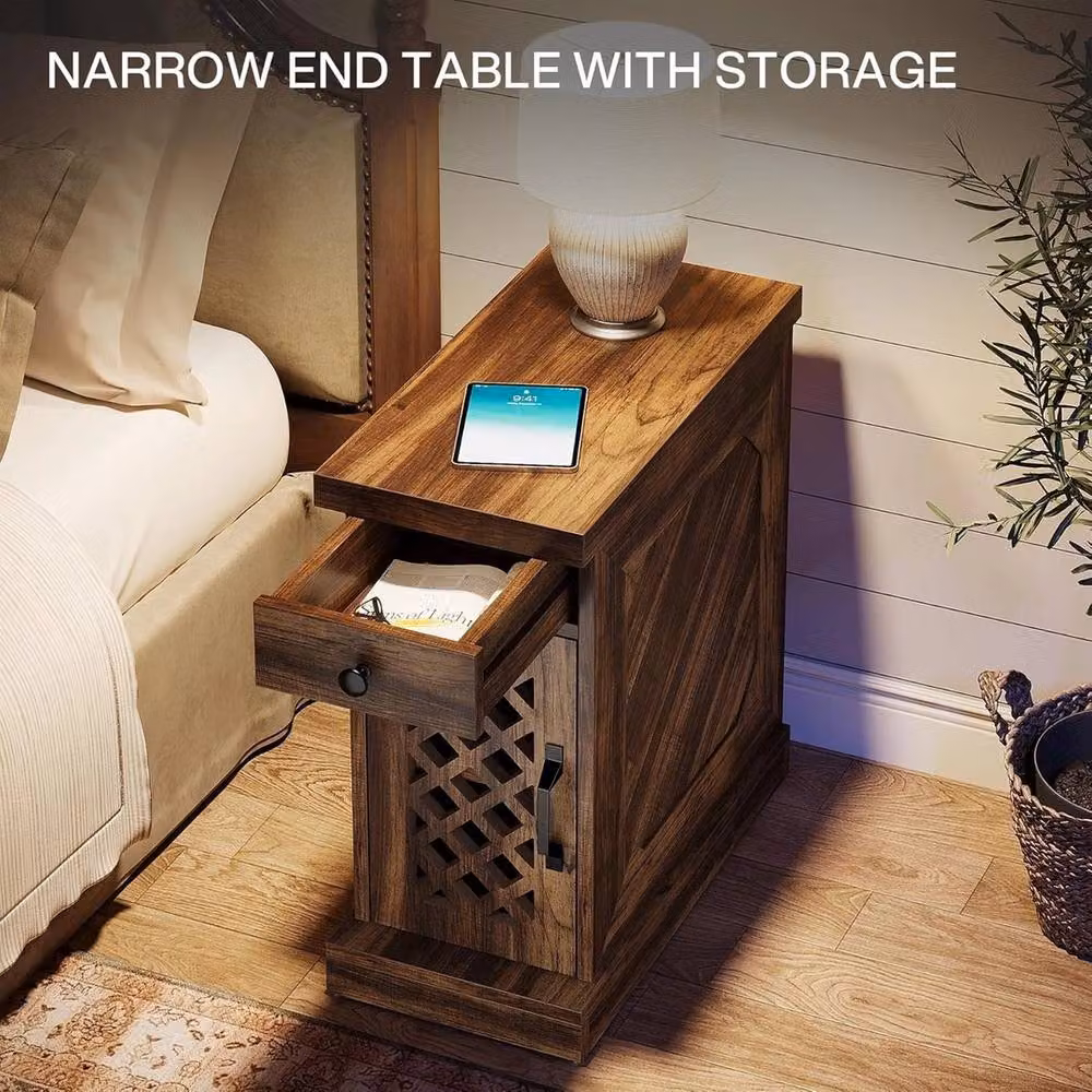 VOGREX Rustic Narrow Wood End Table with Drawer in Brown – 5