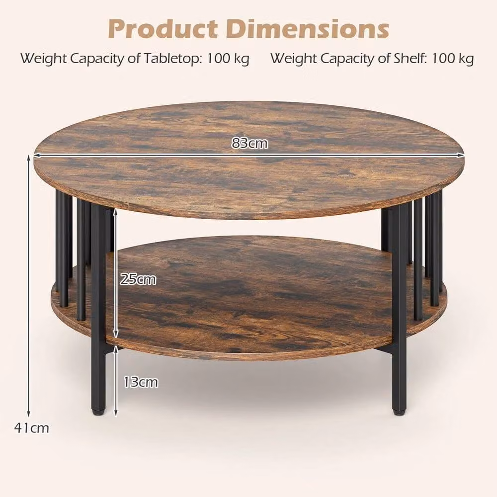 KORVIXA Round 2-Tier Center Table with Open Storage Shelf in Brown, W/D: 100 x 100 cm – 2
