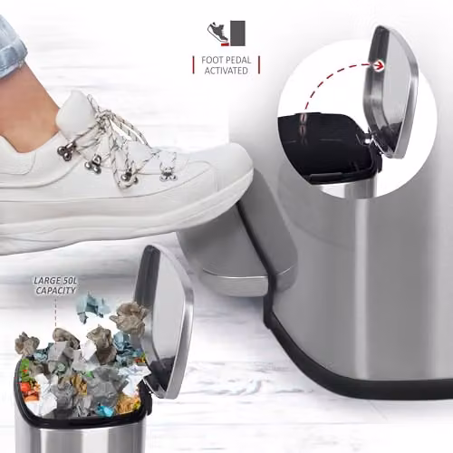NETTA 50L Stainless Steel Kitchen Pedal Bin in Silver with Soft Close Lid and Removable Inner Bucket – 3