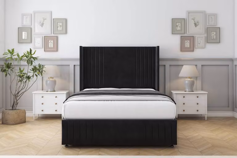 Sloomy Camden Plush Divan Set in Black with Wingback Headboard and Footboard, W/D/H: 90 x 190 cm