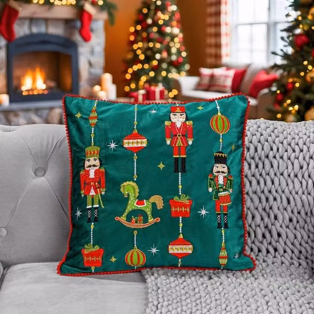 Luxury Living Green Embroidered Nutcracker Christmas Cushion, W x H: 45 x 45 cm – 1