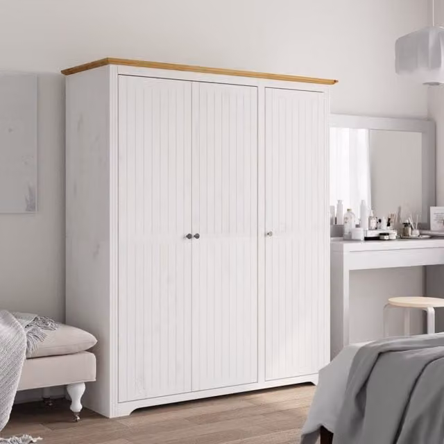 Berkfield Home BODO Wardrobe in White and Brown Solid Wood Pine, W/D/H: 151.5 x 52 x 176.5 cm