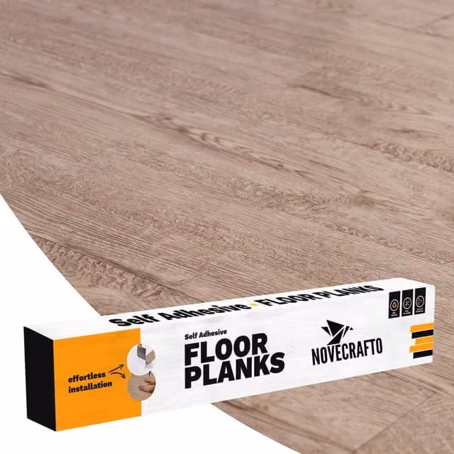 Novecrafto Self Adhesive Wood Look Vinyl Floor Planks, Pack of 10, Light Oak Brown and Beige, W: 91.4 cm, H: 15.2 cm – 1