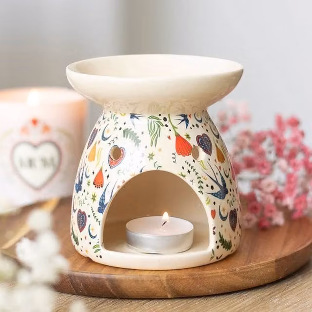 Uniqueful Midnight Bloom Floral Ceramic Oil Burner in White, Beige and Multicolour