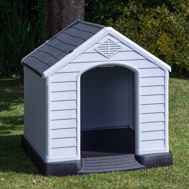 Samuel Alexander Small Outdoor Plastic Dog House with Raised Bed, Grey and Black, W/D/H: 82 x 76 x 83 cm