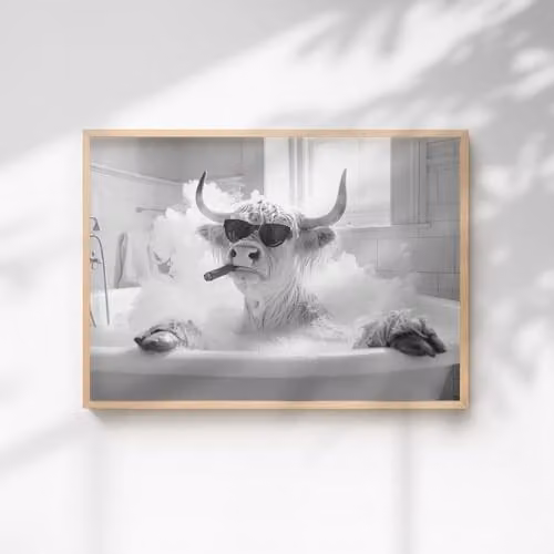 60 Second Makeover Highland Cow Smoking A Cigar In The Bath Quirky Animal Print Paper Poster, Multicolour, A4