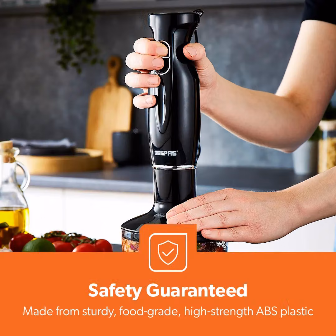 Geepas 4-in-1 Hand Blender 200W with Chopper Bowl and Whisk in Black – 5