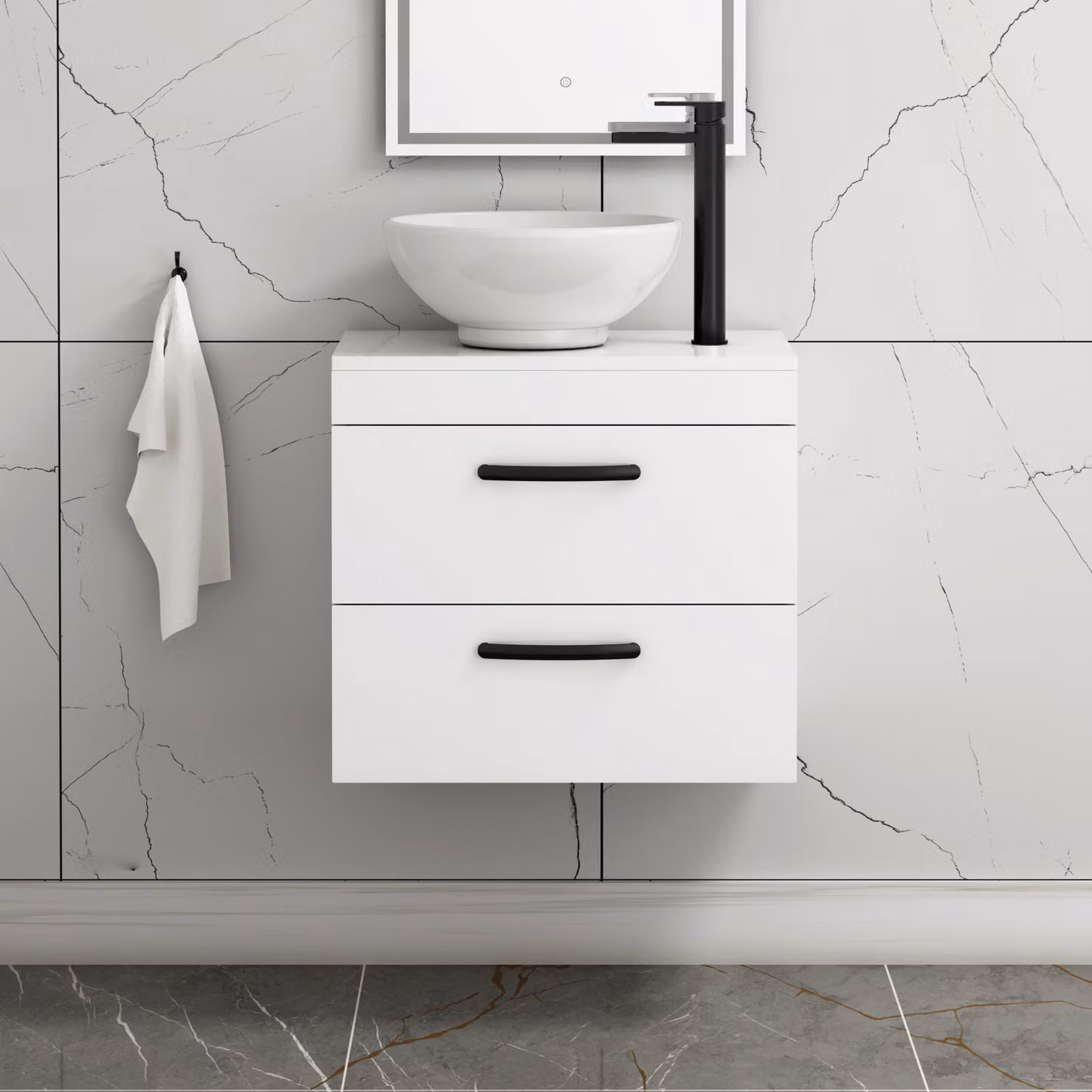 Royal Bathrooms 600mm Wall Hung Gloss White Vanity Unit with Breeze Countertop Basin and Matt Black Handles