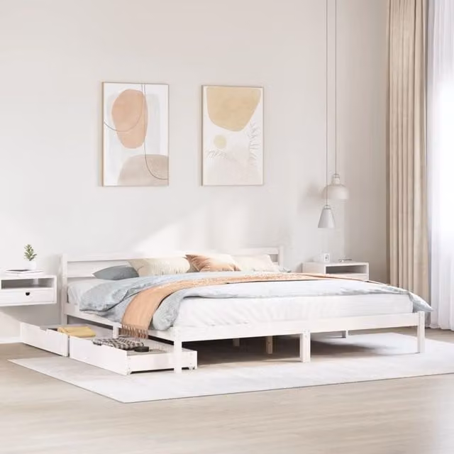 Berkfield Home Super King Solid Wood Pine Bed Frame with Drawers, White, W/D/H: 180 x 200 cm