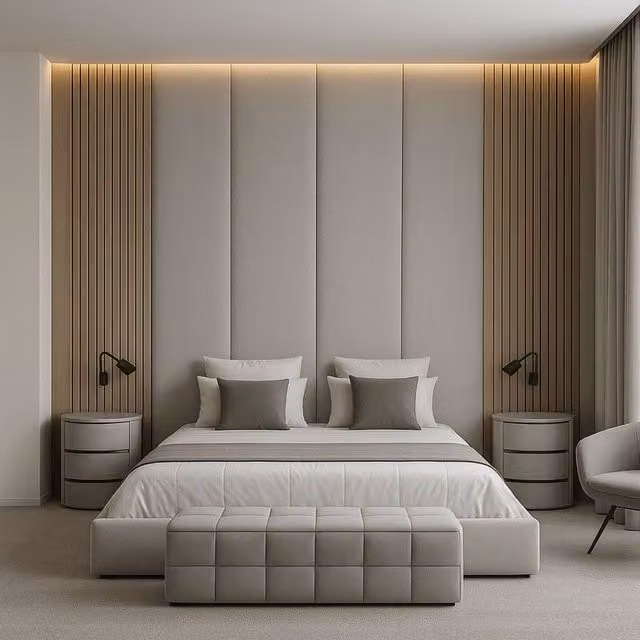 Stratus Interiors Floor to Ceiling Slatted Wall Panel Bed Frame in Beige, Super King Size