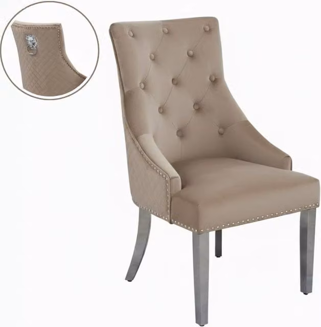 Stratus Interiors Bentley Velvet Lion Knocker Kitchen Dining Chair in Beige, W/D/H: 56 x 72 x 103 cm – 1