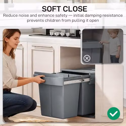 HOMCOM Grey Pull Out Kitchen Under Sink Bin with Soft-Close Mechanism and Removable Inner Bucket, 40L – 5