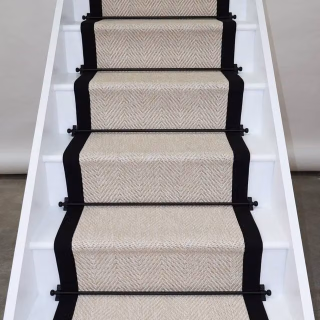 RainbowHome New England Herringbone Ivory Stair Runner with Black Cotton Border, W: 50 cm x L: 700 cm – 1