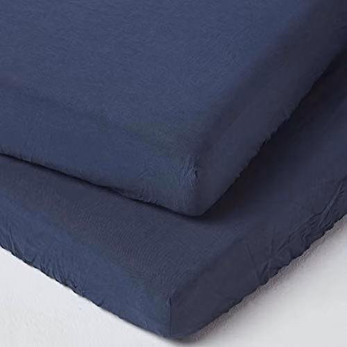 HOMESCAPES Pack of 2 Navy Blue Soft Linen and Cotton Fitted Cot Sheets, W/D/H: 120 x 60 cm
