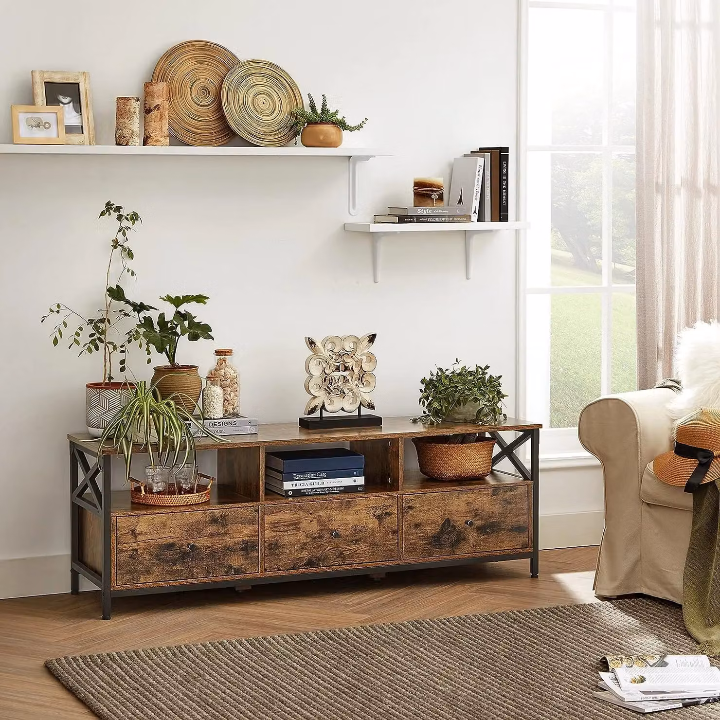 VASAGLE Industrial TV Stand Cabinet with 3 Drawers and 3 Open Shelves in Brown – 2