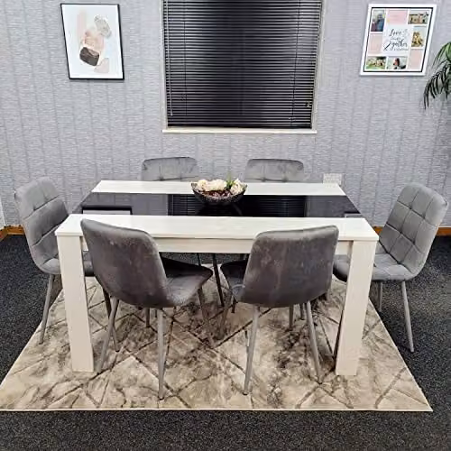 Kosy Koala Modern Dining Table Set with 6 Grey Velvet Chairs and Black Glass Top, W/D/H: 140 x 80 x 75 cm – 1