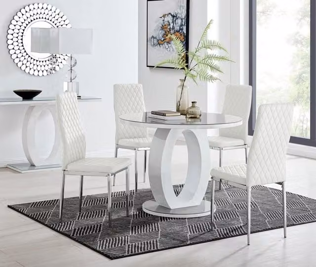 FurnitureboxUK Giovani Round Dining Table and 4 Milan Chairs Set, Grey Tinted Glass Top with White High Gloss Halo Base and White Faux Leather Chairs, Diameter: 100 cm